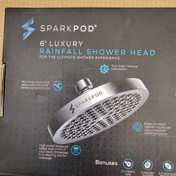 SparkPod 6" Luxury Rainfall Shower Head Black High-Pressure Black Matte - Picture 2 of 8